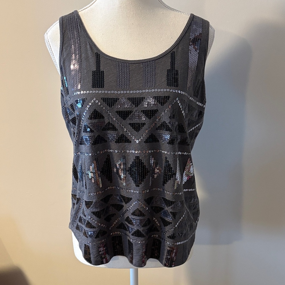 Express Geometric Aztec Sequin Embellished Gray Tank Top. Size M